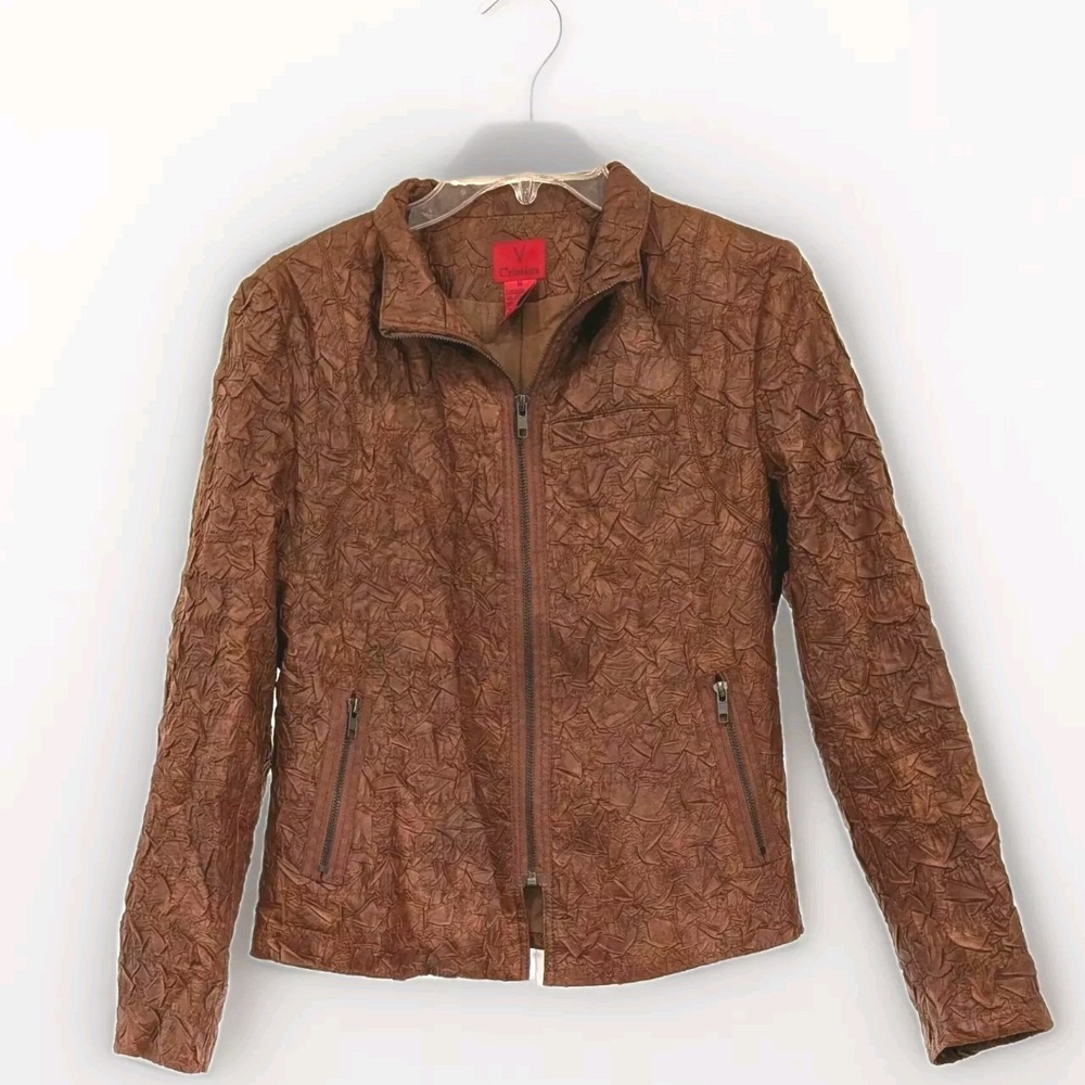 V Cristina Crinkled Faux Leather Jacket Size Medium Brown Full Zip Lined Pockets